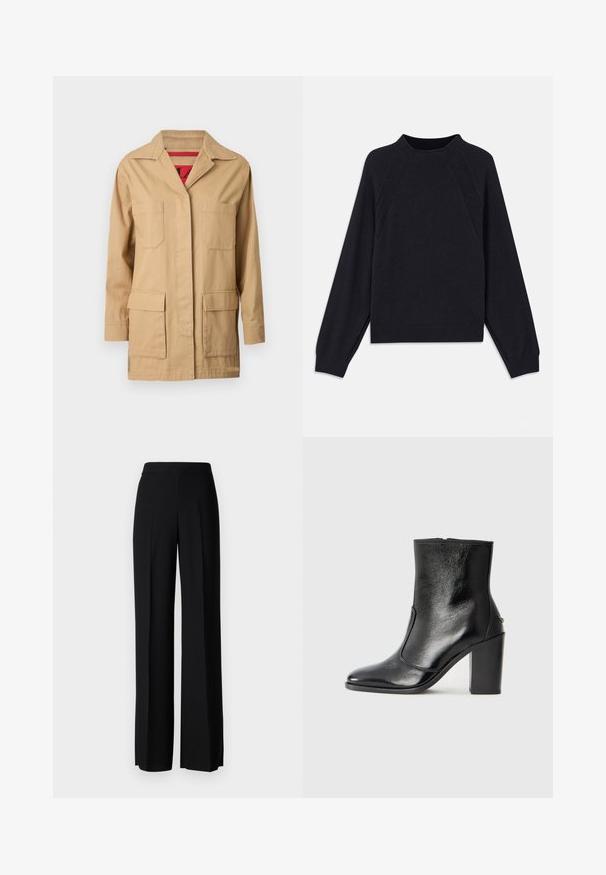 Casaco de tela bege com gola, dois bolsos no peito e dois bolsos laterais inferiores. O interior apresenta um forro com padrão vermelho.; Sweater azul marinho escuro com decote redondo, mangas raglan longas, punhos canelados e barra reta. Feito de um material de malha macia e texturizada.; Calças largas pretas com uma textura suave, apresentando uma cintura alta e pregas centrais. Sem padrões visíveis ou detalhes em metal.; Bota ankle preta em pele com uma textura suave, bico fino e um salto alto robusto. Apresenta uma abertura lateral e um design minimalista.