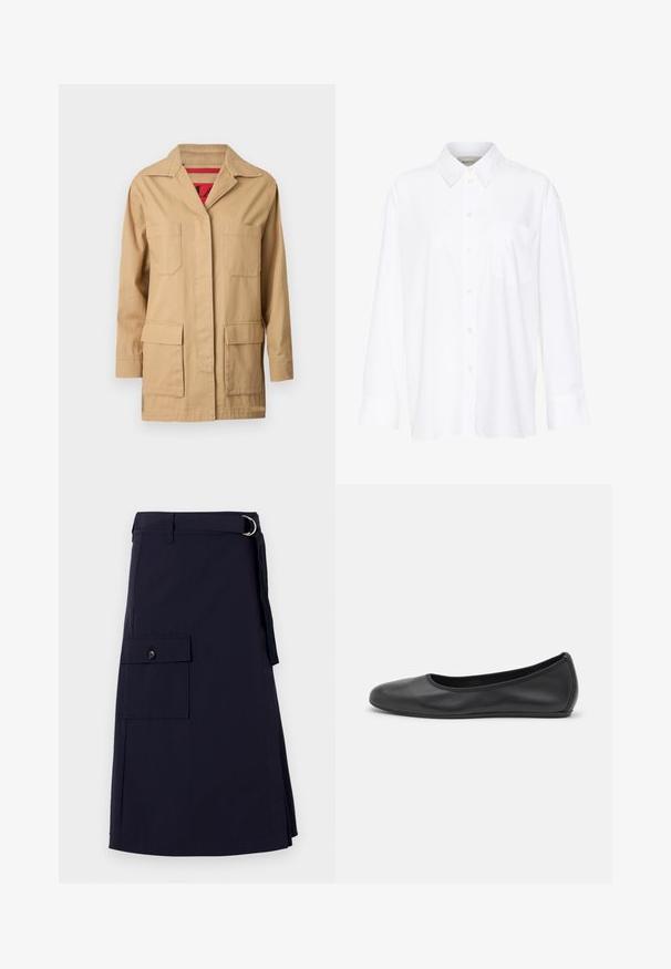 Beige kanvas jaka ar apkakles kaklu, divām krūšu kabatām un divām apakšējām sānu kabatām. Iekšpusē ir sarkans rakstains oderējums.; Baltais garo piedurkņu krekls ar apkakli, izgatavots no kokvilnas. Aprīkots ar pogu aizdari priekšā un vienu krūšu kabatu. Gluda tekstūra, brīvs piegriezums.; Jūras zila kleita ar strukturētu dizainu, kas piedāvā sānu kravas kabatu un metāla D-gredzena jostas akcentu. Izgatavota no izturīga auduma.; Melna ādas baleta kurpe ar noapaļotu purngalu, gludu tekstūru, minimālu šuvju detalizāciju un elastīgu zoles dizainu.