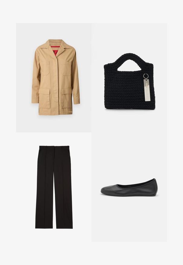Bež jakna od platna s ovratnikom, dva džepa na prsima i dva donja bočna džepa. Unutra se nalazi podstava s crvenim uzorkom.; Bijela košulja dugih rukava s kragnom, izrađena od pamuka. Ima kopčanje s gumbima sprijeda i jednu džep na prsima. Glatka tekstura, ležeran kroj.; Crne krojene hlače izrađene od glatkog materijala, s ravnim krojem i dva bočna džepa. Elegantna i minimalistička konstrukcija.; Crne kožne baletanke s zaobljenim vrhom, glatke teksture, minimalnim detaljima šavova i fleksibilnim dizajnom potplata.; Won Hundred MARSIELLE COMPUTER BAG UNISEX - Torba za prijenosno računalo - black