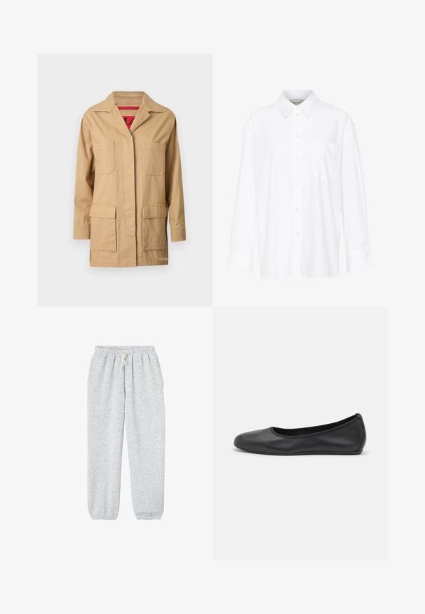 Beżowa kurtka z płótna z kołnierzykiem, dwoma kieszeniami na piersi i dwiema kieszeniami po bokach. Wnętrze ma czerwoną, wzorzystą podszewkę.; Biała, długosleeve'owa koszula z kołnierzykiem, wykonana z bawełny. Posiada zapięcie na guziki z przodu oraz jedną kieszeń na piersi. Gładka tekstura, luźny krój.; Szare dresy wykonane z miękkiego materiału, z elastycznym paskiem w talii i sznurkiem do regulacji, oraz elastycznymi mankietami przy kostkach.; Czarne skórzane baletki z zaokrąglonym noskiem, gładką fakturą, minimalnymi przeszyciami i elastycznym designem podeszwy.