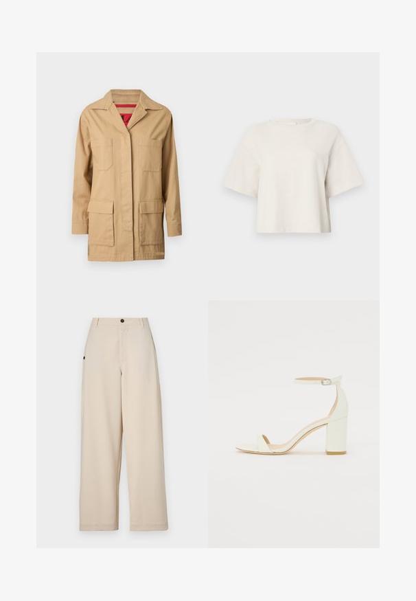 Bežna platnena jakna s ovratnikom, dvema žepoma na prsih in dvema spodnjima stranskima žepoma. Znotraj je obložena z rdečo vzorčasto podlogo.; Kremna skrajšana majica narejena iz rebraste tkanine, z okroglim izrezom in kratkimi rokavi ter sproščenim krojem.; Beige široke hlače iz mehkega blaga, z gumbom spredaj, stranskimi žepi in sproščenim krojem.; Bela usnjena sandala z blok peto, ki ima zanko okoli gležnja s sponko in minimalističen dizajn. Odkrit prst in gladke teksture po vsej površini.