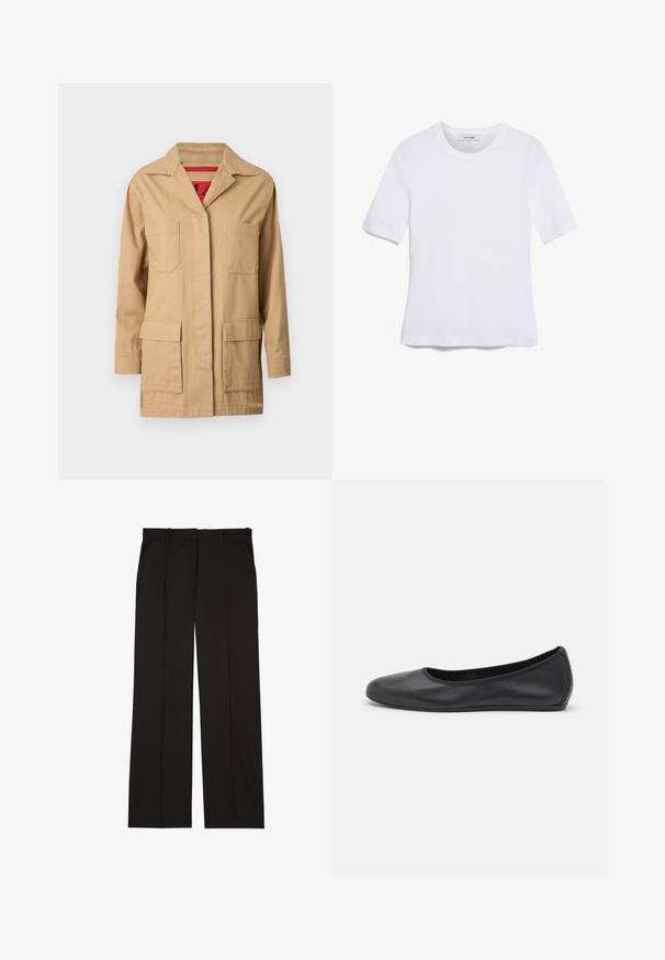 Beige canvas jacket with a collared neckline, two chest pockets, and two lower side pockets. Inside features a red patterned lining.; White short-sleeve t-shirt made of ribbed fabric. Round neckline, regular fit, and subtle stitching details. No patterns or graphics.; Black tailored trousers made of a smooth fabric, featuring a straight-leg design, and two side pockets. Elegant and minimalistic construction.; Black leather ballet flat with a rounded toe, smooth texture, minimal stitching detail, and a flexible sole design.