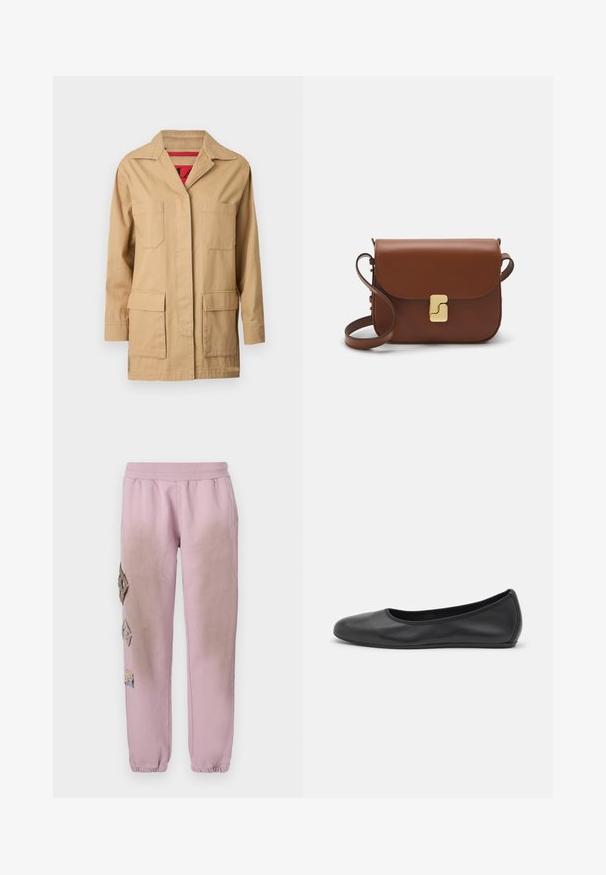 Veste en toile beige avec un col à revers, deux poches sur la poitrine et deux poches latérales inférieures. L'intérieur présente une doublure à motif rouge.; T-shirt blanc à manches courtes en tissu côtelé. Col rond, coupe régulière et détails de couture subtils. Aucune motif ni graphique.; Pantalon de survêtement rose avec une taille élastique, présentant des patches décoratifs en forme de diamant sur le côté gauche et des poignets élastiques aux chevilles.; Ballerines en cuir noir avec un bout rond, texture lisse, détails de couture minimalistes et design de semelle flexible.; Sac à main en cuir marron avec une fermeture à rabat, des accents en métal doré, une bandoulière et une texture lisse. Forme rectangulaire compacte.