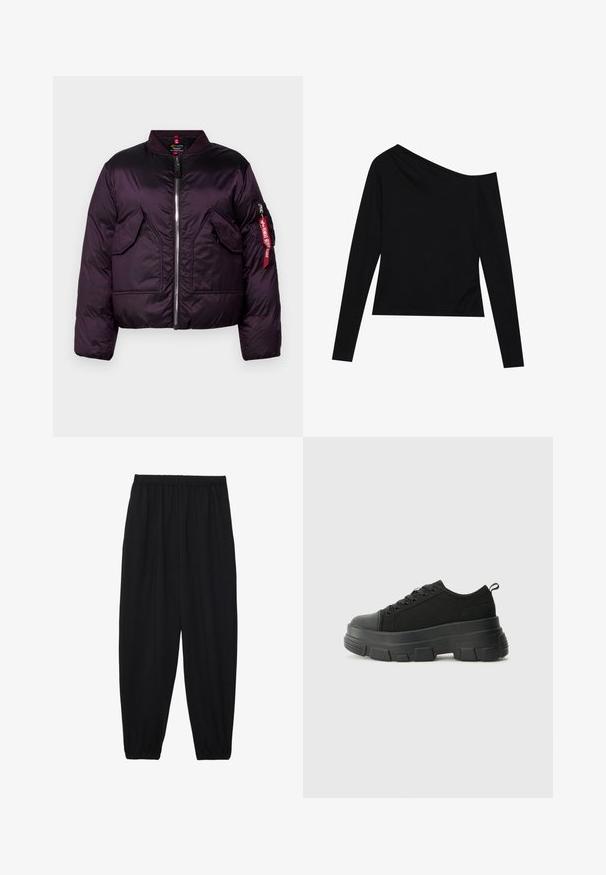 Purple puffer jacket with a bomber design, featuring a front zipper, two large front pockets, and a sleeve pocket with a red tag detail.; Black long-sleeve top featuring an asymmetrical neckline and a fitted design with soft, smooth fabric. No visible patterns or hardware.; Black, lightweight pants with an elastic waistband and gathered ankles. The fabric is smooth and features a relaxed, tapered design.; Black sneakers with a chunky rubber sole, textured fabric upper, round toe, and lace-up design. Features reinforced eyelets and back pull tab.