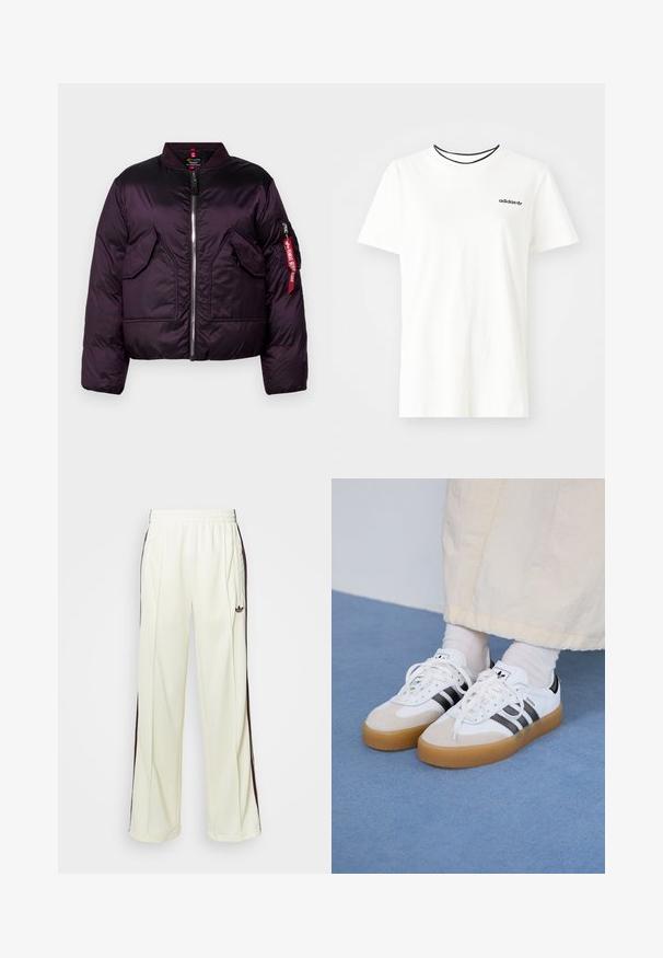 Purple puffer jacket with a bomber design, featuring a front zipper, two large front pockets, and a sleeve pocket with a red tag detail.; White cotton t-shirt with short sleeves and a round neckline. Features a black Adidas logo on the chest and a contrasting black inner collar.; Cream-colored sweatpants with a relaxed fit, featuring dark brown side stripes and an embroidered logo on the left thigh.; White sneakers with black stripes and beige suede accents. Feature a textured gum sole and flat white laces, worn with light-colored socks.