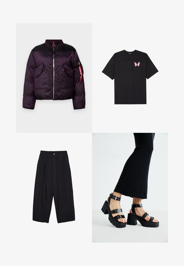 Violetti puffertakki, jossa on pommittajan muotoilu, etujouston vetoketju, kaksi suurta etutaskua ja hihoissa oleva tasku punaisella tarralla.; Musta puuvillapaita lyhyillä hihoilla, jossa on pieni vaaleanpunainen perhosgrafiikka vasemmassa rinnassa. Pyöreä kaula-aukko ja rento istuvuus.; Musta polyesterinen culotte-housut, jossa on joustava vyötärö, kaksi etupleettiä ja löysä siluetti. Ei näkyviä kuvioita tai metallisia yksityiskohtia.; Mustat alustossut, joissa on paksut, uritetut pohjat ja useita hihnoja, varustettuna metallisilla soljilla ja sileällä nahkamaisten materiaalien pinnalla.