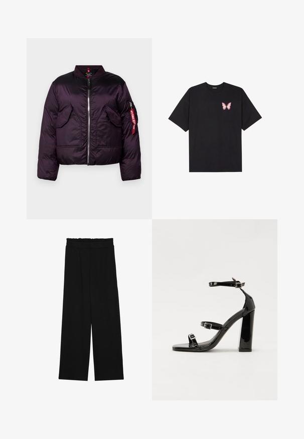Parka violette au design bomber, dotée d'une fermeture éclair à l'avant, de deux grandes poches avant et d'une poche sur la manche avec un détail étiquette rouge.; T-shirt en coton noir à manches courtes, avec un petit graphique de papillon rose sur la poitrine gauche. Modèle à col rond avec une coupe décontractée.; Pantalons larges noirs à taille volante, dotés de deux poches latérales et d'un tissu lisse et léger. Pas de motifs ni de matériel visible.; Sandales à talons vernies noires avec un bout carré, des sangles autour de la cheville et des boucles en argent. Dotées d'un talon bloc épais pour plus de stabilité.