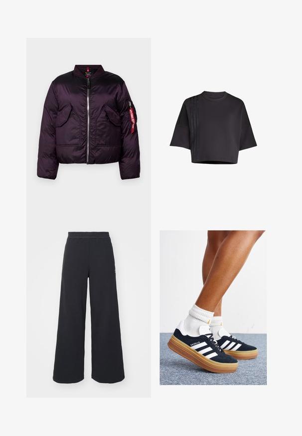 Chaqueta de plumas morada con diseño de bomber, con un cierre frontal, dos grandes bolsillos frontales y un bolsillo en la manga con un detalle de etiqueta roja.; Camiseta negra corta con cuello redondo, mangas cortas sueltas, que presenta acentos de rayas de satén verticales en el lado izquierdo. Textura suave.; Pantalones de chándal negros de pierna ancha, hechos de una tela suave, con una cintura elástica y un pequeño logo en el lado izquierdo.; Zapatillas deportivas de gamuza negra con rayas y detalles blancos, puntera redondeada, suela de goma color caramelo, combinadas con calcetines blancos acanalados a la altura del tobillo.