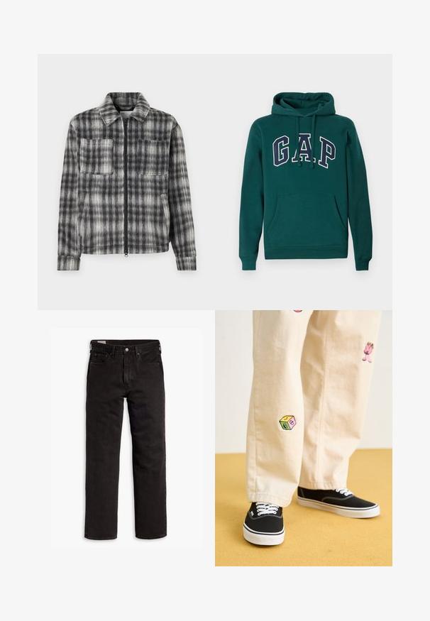 Harmaa ja musta ruutujakki, jossa on vetoketjukiinnitys, kaksi rintataskua ja pehmeä, tekstiililtä tuntuva kangas. Jakissa on kauluspääntie ja pitkät hihat.; Pimeävihreä huppari, joka on valmistettu puuvillasekoitteesta. Siinä on suuri "G.A.P." -logo valkoisena ja laivastonsinisenä, etupuolella kengurupussitasku ja nyöripäähine.; Mustat suorat farkut, joissa on viisi taskua, nappisulku ja vyölenkit, aseteltuna tasaisesti valkoista taustaa vasten.; Beige puuvillahousut leikkisillä brodeeratuilla kuvioilla, mukaan lukien vaaleanpunainen hahmo ja värikäs lohko, yhdistettynä mustiin nauhakengiin.