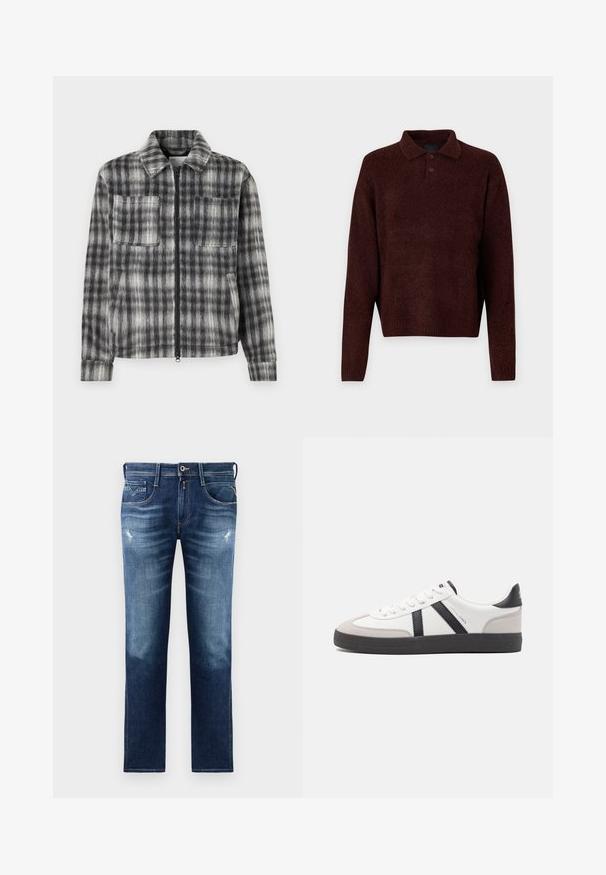 Szara i czarna kurtka w kratę z zamkiem z przodu, dwoma kieszeniami na piersi oraz miękkim, teksturowanym materiałem. Posiada kołnierzyk i długie rękawy.; Brązowy sweter robiony na drutach z kołnierzykiem polo, trzema guzikami przy szyi i długimi rękawami. Miękka faktura, ściągacze na rękawach i u dołu.; Niebieskie dżinsy z regularnym krojem, z wyblakłym praniem, niewielkimi przetarciami, pięcioma kieszeniami i kontrastowym szwem. Zapięcie na guzik w talii.; Białe sneakersy z czarnymi i szarymi akcentami, z teksturowanym szarym czubkiem, czarną gumową podeszwą i płaskimi białymi sznurowadłami. Czysty design, minimalistyczny styl.