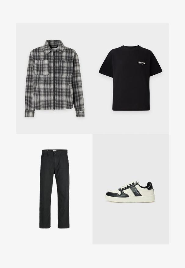 Grijze en zwarte geruite jas met een ritssluiting aan de voorkant, twee borstzakken en een zachte, textuurrijke stof. Beschikt over een kraag en lange mouwen.; Zwarte katoenen t-shirt met een ronde hals, korte mouwen en kleine witte logo-tekst op de linkerkant van de borst. Eenvoudig ontwerp, klassieke pasvorm.; Zwarte broeken gemaakt van duurzame stof, met een recht gesneden ontwerp, gestikte accenten en twee voorzakken voor functionaliteit.; Leren sneakers met een zwart en crèmekleurig kleurenschema, voorzien van geperforeerde accenten, een gevoerde kraag en een gestructureerde buitenzool.