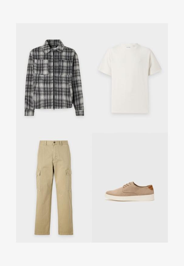 Harmaa ja musta ruutujakki, jossa on vetoketjukiinnitys, kaksi rintataskua ja pehmeä, tekstiililtä tuntuva kangas. Jakissa on kauluspääntie ja pitkät hihat.; Valkoinen lyhythihainen T-paita ribbikuviossa. Pyöreä kaula-aukko, rento istuvuus, ei näkyviä kuvioita tai yksityiskohtia. Yksinkertainen ja monikäyttöinen muotoilu.; Beige cargo-housut, jotka on valmistettu puuvillasta, ja niissä on kaksi sivutaskua, napp Closure ja suorat lahkeet, joissa on hieman teksturoitu kangas.; Beige nubuck-lenkkarit, joissa on pyöreä kärki, nauhakiinnitys ja teksturoitu takaosa. Valkoinen kumipohja tuo kontrastia. Yksinkertainen ja moderni muotoilu.