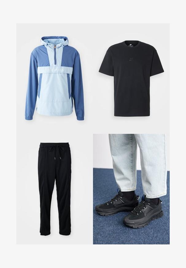 Lengvas mėlynos ir šviesiai mėlynos spalvų gobtuvas. Yra pusiau užtrauktukas priekyje, elastiniai rankogaliai ir kengūros kišenė. Sklandus paviršius, sportiškas dizainas.; Juodas medvilninis Nike marškinėliai su klasikinėmis apykaklėmis, trumpomis rankovėmis ir subtiliu, įspaustu logotipu ant krūtinės. Sklandus tekstūra.; Juodos laisvos kelnės su raišteliu liemens, šoninėmis kišenėmis ir tiesiu kirpimu ant vienodos fono.; Juodi sportiniai bateliai su tekstūruota medžiaga ir guminiais padais, su elastingomis raišteliais ir mėlynu akcentu ant kulno. Dėvimi su šviesiai mėlynomis džinsinėmis kelnėmis.