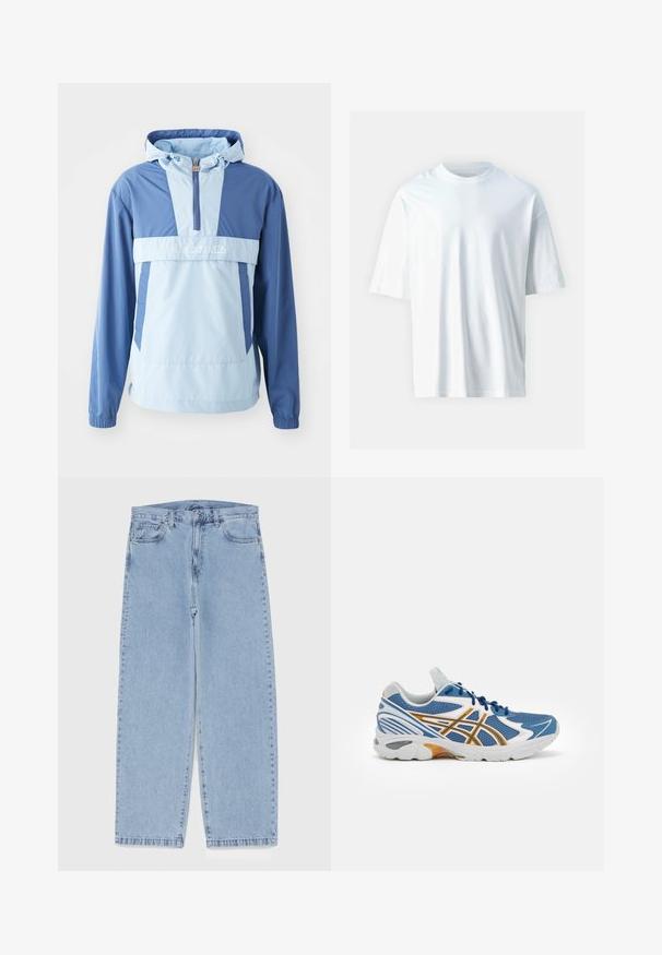 Lahka jakna s kapuco v modri in svetlo modri barvi. Ima polovični zadrgo spredaj, elastične manšete in kenguru žep. Gladka tekstura, športen dizajn.; Bela kratka majica s kratkimi rokavi iz mehkega bombaža. Ima okroglo izreza, sproščen kroj in gladko teksturo. Brez vidnih vzorcev ali dodatkov.; Svijetloplave traperice s ravnim nogavicama, srednjeg struka, pet džepova te zatvaranjem na gumb i munju.; Modra atletska čevlja z mrežastim zgornjim delom, belimi in oranžnimi detajli, oblazinjenim srednjim podplatom in teksturiranim gumijastim podplatom. Ima dizajn na vezalke.