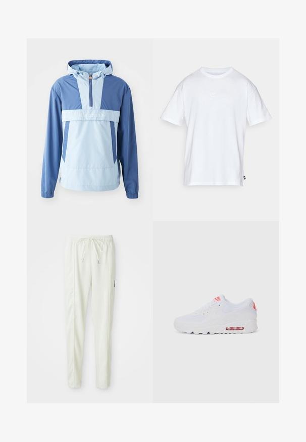 Lightweight hooded jacket in blue and light blue. Features a half-zip front, elastic cuffs, and a kangaroo pocket. Smooth texture, sporty design.; White cotton t-shirt with short sleeves and a round neck. Features a small, subtle Nike logo on the chest and a side label.; White slim-fit jogger pants with elastic waistband and drawstring, featuring side seam detailing and a small black patch on the right leg.; White athletic sneaker featuring a smooth upper, lace closure, cushioned sole, and a visible air unit with red accents on the branding.