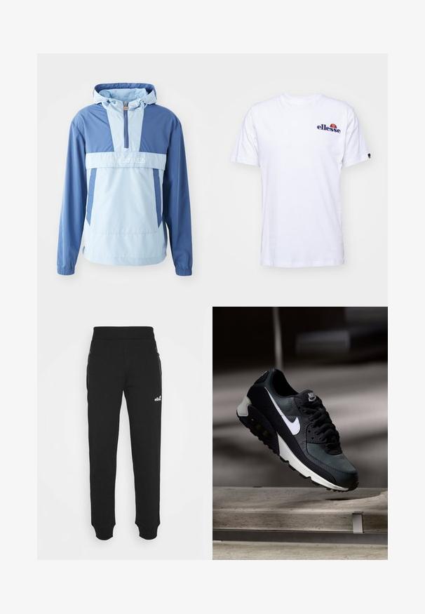 Lehká kapucí bunda v modré a světle modré barvě. Má přední zip do poloviny, elastické manžety a klokaní kapsu. Hladký povrch, sportovní design.; Bílý bavlněný tričko s krátkými rukávy, s námořnickou modrou vyšívanou nášivkou na levé části hrudi a živou barevnou akcentací nad logem.; Černé tepláky vyrobené z měkké tkaniny mají zúžený střih nohavic, elastický pas, boční kapsy na zip a malou logovou akcentaci.; Černá a zelená teniska s vzorovaným síťovaným svrškem, bílým logem Swoosh, polstrovaným límcem a viditelnou vzduchovou odpruženou jednotkou v podrážce.