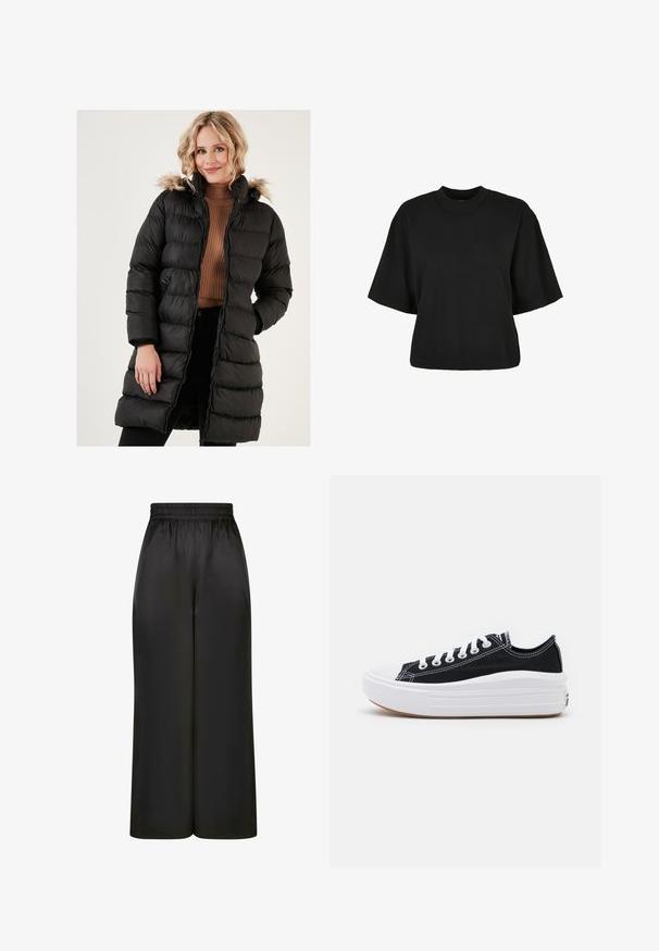 Černá prošívaná bunda s dlouhým střihem, s kapucí podšitou kožešinou, žebrovanými manžetami a prošívaným designem. Materiál vypadá leskle a je izolovaný.; Černé zkrácené tričko vyrobené z bavlny. Má krátké rukávy a kulatý výstřih. Hladký povrch s jednoduchým designem, bez dalších vzorů.; Černé široké kalhoty vyrobené z hladké, lesklé látky, s elastickým pasem bez viditelných kapes nebo kovových detailů.; Černé plátěné tenisky s bílými tkaničkami, bílým gumovým špičkovým krytem a masivní bílou střední podrážkou. Mají jemné bílé švy a gumovou podešev.