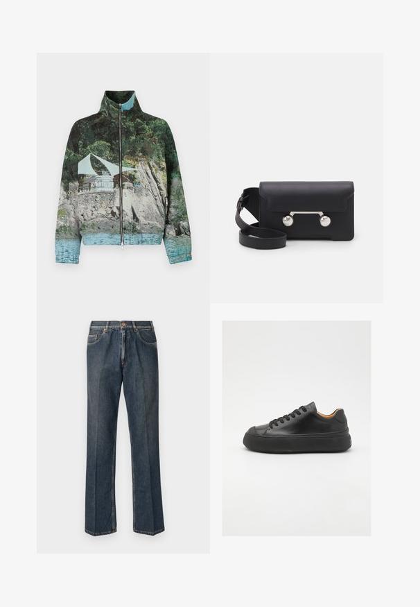 Su užtrauktuku užsegamas džemperis, kuriame vaizduojamas fotografinis pajūrio peizažas su akmenimis, vandeniu ir pastatu; spalvos: žalia, mėlyna ir ruda.; Kremo spalvos mezginis megztinis su polo apykakle, raukšlėtomis rankovėmis ir apačia, su priekiniais užtrauktukais ir minkšta tekstūra.; Tamsiai mėlynas trumpa rankovė T-palaidinė su balta tekstu "neanche per sogno" centruota ant krūtinės, apvaliu kaklu, vidutinio dydžio.; Tamsiai mėlynos tiesios kojos džinsai su priekiniais mygtukais, užtrauktuku, dviem priekinėmis kišenėmis ir matomomis vertikaliomis raukšlėmis nuo kelnių šonų.; Juodos odinės sportinės bateliai su apvaliu pirštu, raištelių užsegimu, lygiu paviršiumi, storu guminio pado ir kontrastinga tan spalvos vidine puse.; Juodas odinis kryžminis krepšys su sklendės uždarymu, sidabro spalvos detalėmis ir dviem apvaliais akcentais. Yra nusiimamas diržas. Lygus paviršius.