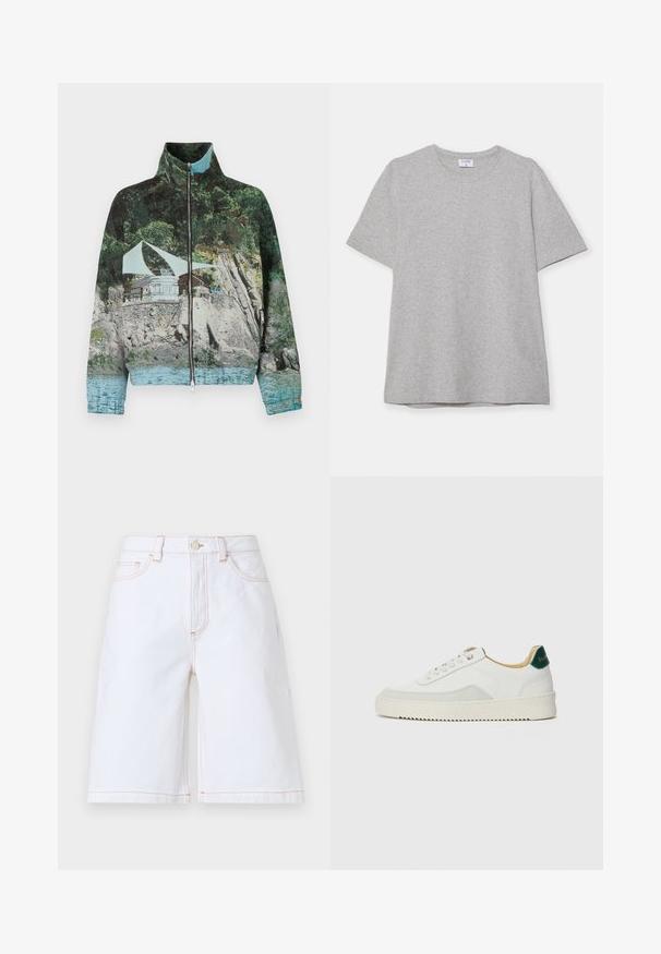 Jachetă cu fermoar, care prezintă o imprimare fotografică cu o scenă de coastă, având stânci, apă și o structură; culorile includ verde, albastru și marron.; T-shirt scurt gri, fabricat dintr-un material moale și texturat. Dispune de un guler clasic și o margine dreaptă, fiind potrivit pentru purtarea zilnică.; Pantaloni scurți din denim alb, cu croială dreaptă, cinci buzunare și cusături contrastante bej. Include un nasture frontal și închidere cu fermoar.; Sneaker alb cu accente din suede, vârf rotund, șireturi plate și o talpă din cauciuc crem. Are un logo verde pe călcâie.