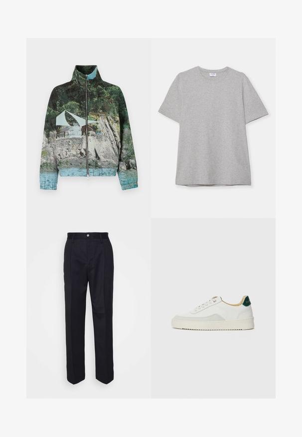 Zippered jacket featuring a photographic print of a coastal scene with rocks, water, and a structure; colors include green, blue, and brown.; Gray short-sleeve T-shirt made from soft, textured fabric. Features a classic crew neck and a straight hem, suitable for casual wear.; Black tailored trousers with a straight-leg design, made of smooth fabric, featuring a front button closure and two side pockets.; White sneaker with suede accents, rounded toe, flat laces, and a cream rubber sole. Features green branding on the heel.