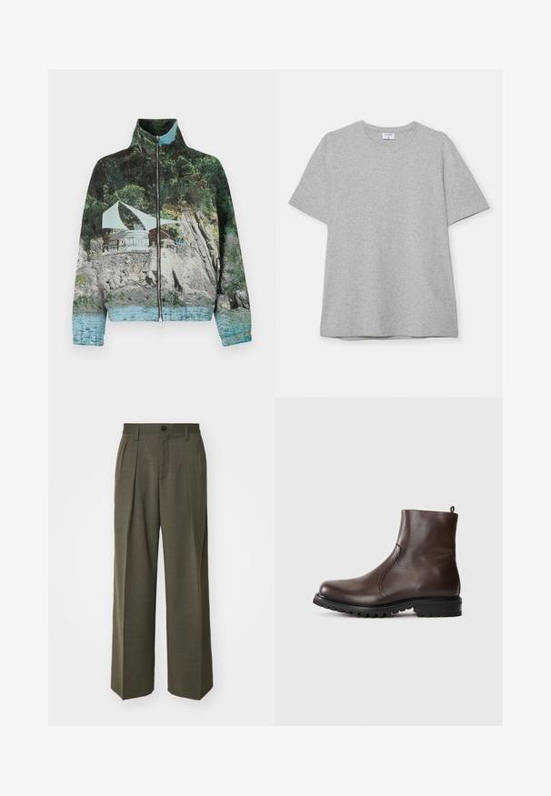 Su užtrauktuku užsegamas džemperis, kuriame vaizduojamas fotografinis pajūrio peizažas su akmenimis, vandeniu ir pastatu; spalvos: žalia, mėlyna ir ruda.; Pilkas trumpas rankovėmis marškinėliai, pagaminti iš minkštos, tekstūruotos medžiagos. Turi klasikinį apvalų kaklą ir tiesų apatinį kraštą, tinkamą kasdieniam dėvėjimui.; Filippa K WIDE TROUSERS - Kelnės - driftwood; Rudos odinės aulinukai iki kulkšnies su lygiu paviršiumi, elastingomis šoninėmis dalimis, užtrauktuku gale ir sunkiu guminėm padu.