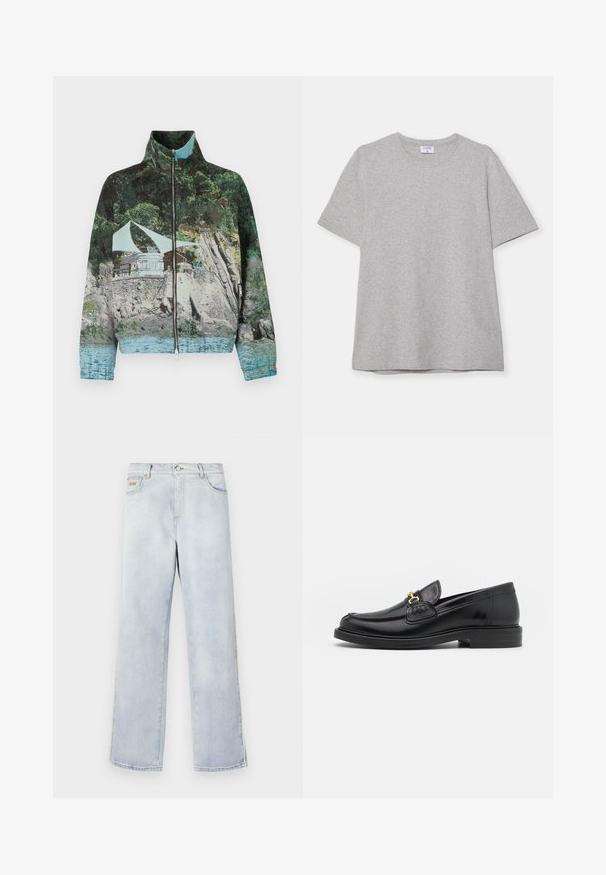Jacka med dragkedja som har ett fotografiskt tryck av en kustområde med stenar, vatten och en struktur; färgerna inkluderar grön, blå och brun.; Grå t-shirt med kort ärm gjord av mjukt, texturerat tyg. Har en klassisk rund halsringning och en rak nederkant, lämplig för avslappnad klädsel.; Ljusblå denimjeans med raka ben, med knappstängning, fem fickor och kontrasterande sömmar.; Svarta läderloafers med rund tå, prydda med guldfärgad detalj och sömnadsdetaljer, placerade på en låg, texturerad gummisula.