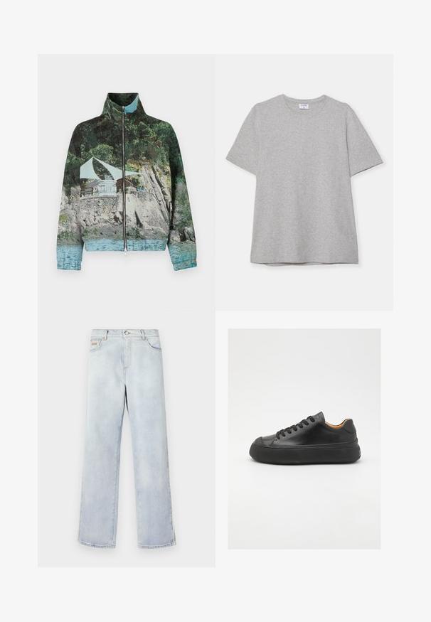 Zippered jacket featuring a photographic print of a coastal scene with rocks, water, and a structure; colors include green, blue, and brown.; Gray short-sleeve T-shirt made from soft, textured fabric. Features a classic crew neck and a straight hem, suitable for casual wear.; Light blue denim jeans with a straight leg design, featuring a button closure, five pockets, and contrast stitching.; Black leather sneaker with a round toe, lace-up front, smooth texture, thick rubber sole, and contrasting tan interior.