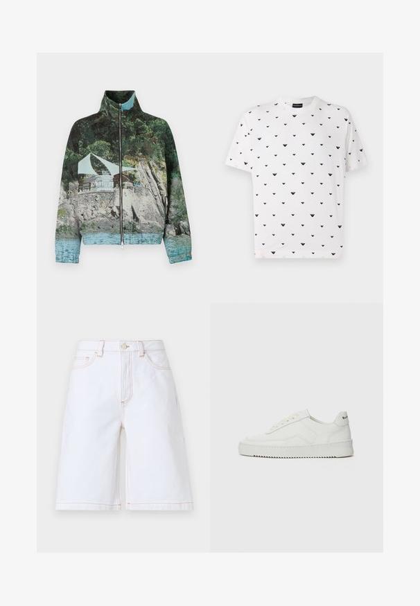 Veste zippée avec une impression photographique d'une scène côtière comprenant des rochers, de l'eau et une structure ; les couleurs incluent le vert, le bleu et le marron.; T-shirt blanc à manches courtes présentant un motif en V noir répété, fabriqué en coton doux avec une coupe décontractée et un col rond.; Shorts en denim blanc avec une coupe droite, cinq poches et des coutures contrastantes couleur tan. Comprend une fermeture avec bouton et zip à l'avant.; Baskets en cuir blanc avec une finition lisse, bout arrondi, lacets plats et semelle texturée. Présente un logo discret sur le talon.