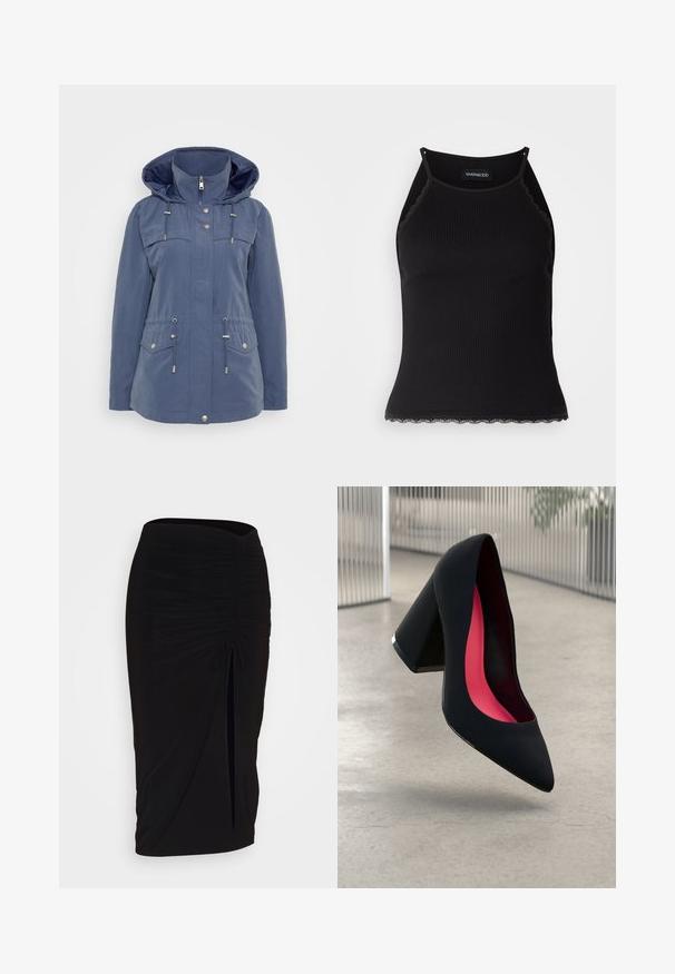 Mornarsko modra jakna iz vodoodpornega materiala. Ima kapuco, zadrgo spredaj, elastični pas z vrvico in dva prsna žepa z zapiranjem na gumb.; Črn rebrast top brez rokavov z valovitimi čipkastimi robovi na dnu. Ima tanke naramnice in oprijet kroj. Narejen je iz raztegljivega materiala.; Črna, nabrana svinčnik krilo z detajlom v obliki traku in stranskim razporkom. Narejeno iz raztegljive tkanine, ki se ponaša z gladko teksturo in oblikovanjem, ki se prilega telesu.; Črne visoke petke z nazobčanim prstom, teksturirano površino in živahnimi rožnatimi notranjimi deli. Imajo robustno peto z srebrnim akcentom.