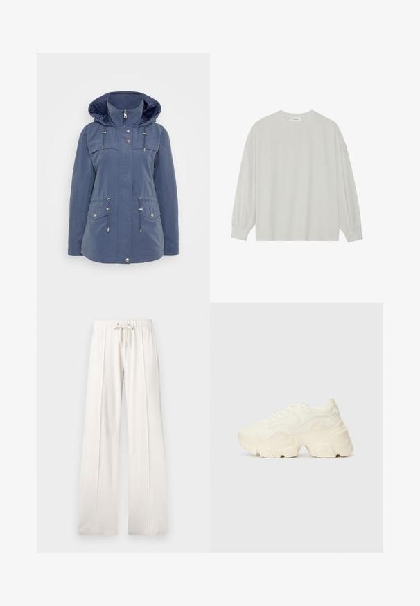 Jūros mėlynos spalvos striukė, pagaminta iš vandeniui atsparios medžiagos. Yra su gobtuvu, užtrauktuku priekyje, raišteliu liemenyje ir dviem krūtinės kišenėmis su spaudėmis.; Šviesiai pilkas ilgomis rankovėmis marškinėliai, pagaminti iš minkštos medvilnės. Sukurtas laisvam prigludimui, apvaliu iškirpimu ir švelniai susigūžusiomis rankovėmis. Be raštų ar piešinių.; Šviesiai smėlio spalvos sportinės kelnės, pagamintos iš minkštos medžiagos, su raišteliu juosmenyje, plačiomis ilgomis kojomis ir vertikaliomis siūlėmis, turinčios lygų paviršių.; Masyvios baltos sportbačiai, pagaminti iš tekstūruoto tinklelio ir sintetinių medžiagų, pasižymintys storu padu ir išsamiu raštų detalizavimu šonuose.