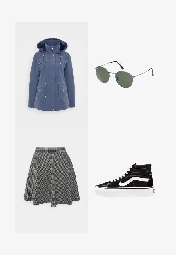 Tumed sinine jakk, mis on valmistatud veekindlast materjalist. Omab kapuutsi, tõmblukk ees, nööri vöökohta ja kahte rinnaTaskut näppudega sulgemisega.; Mustard ribaga lõhikuga crop top, millel on ümar kaelus ja ilma varrukateta disain. Valmistatud pehmest ja venivast kangast, millel on puhtad äärised.; Mustvalge ruuduline skater seelik, millel on sobiv vöökoht ja laienev ääreosa, valmistatud tekstuurilisest kangast, mis näitab klassikalist mustrit.; Mustad mustad sneakers valge paeltega, valge logo ja kontraste valge õmblusega. Omab paksu valget talda ja tekstureeritud nahkiga ülemist osa.; Metallist raamistikuga prillid ovaalsete roheliste läätsedega. Õhuke hõbedane metallraam ja mustad kõrvakatted. Minimalistlik disain, nähtavad logod puuduvad.