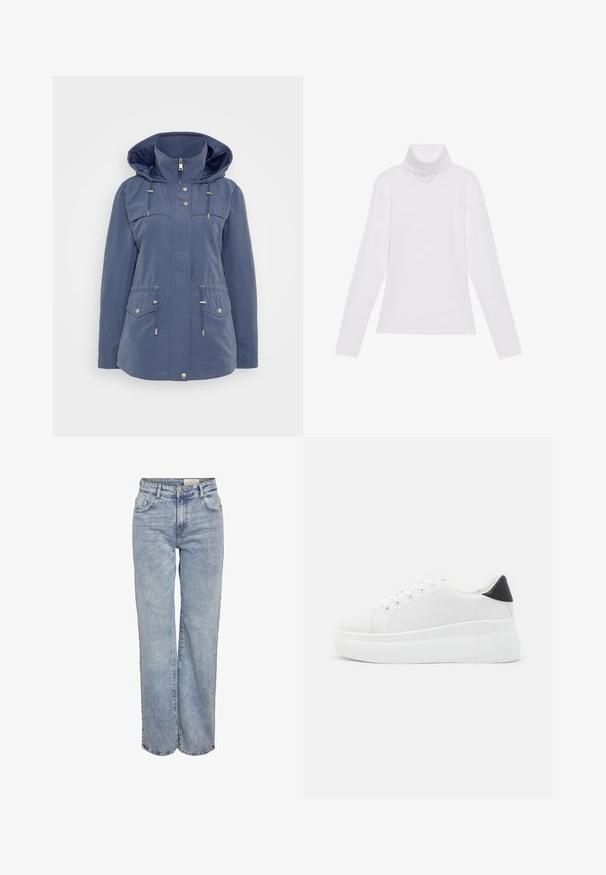 Jachetă bleumarin confecționată din material rezistent la apă. Dispunând de o glugă, fermoar frontal, talie cu șnur și două buzunare pe piept cu închidere tip clapă.; Tricou alb cu mâneci lungi și guler înalt, realizat dintr-un material neted și elastic. Dispune de un design ajustat, fără modele vizibile sau embellishments.; Jeans din denim, de un albastru deschis, cu croială largă, talie înaltă, design cu cinci buzunare și o ușoară decolorare pentru un aspect purtat.; Adidași albi cu platformă, fabricați din material sintetic neted, cu vârf rotund, design cu șireturi și talpă din cauciuc texturat. Accente negre la călcâi.