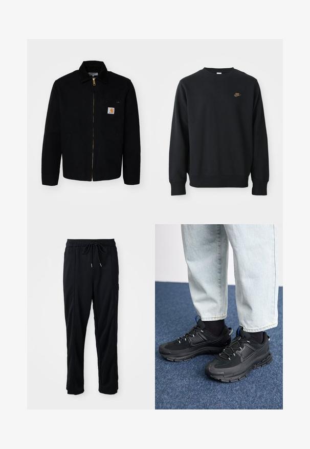 Black canvas jacket with a zip front, a pointed collar, and side pockets. Features a small logo on the chest pocket. Gold zipper detail.; Black sweatshirt made of soft fabric, featuring a round neck, long sleeves, and a small gold Nike logo on the chest.; Black drawstring waist casual pants with side seam pockets and straight leg cut on a plain background.; Black athletic shoes with textured fabric and rubber soles, featuring elastic laces and a blue accent on the heel. Worn with light denim pants.