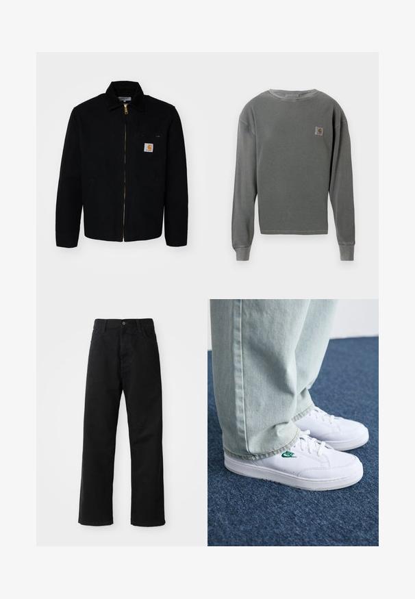 Jachetă din pânză neagră cu fermoar în față, guler ascuțit și buzunare laterale. Prezintă un logo mic pe buzunarul de la piept. Detalii cu fermoar auriu.; Pulover gri cu mânecă lungă și guler rotund, cu textură corduroy, având un mic logo pătrat pe partea stângă a pieptului și manșete corduroy.; Pantaloni din denim negri cu croi drept, având buzunare frontale, fermoar și un singur buton la partea superioară. Țesătură texturată cu un finisaj mat.; Adidași din piele albă cu logo-ul Nike verde, vârf rotund, talpă plată, asortați cu pantaloni din denim bleu deschis, prezentați pe un covor albastru.