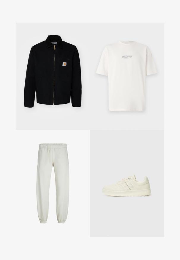 Melna auduma jaka ar rāvējslēdzēju priekšā, vērstas apkakles un sānu kabatām. Ar mazu logotipu uz krūšu kabatas. Zelta rāvējslēdzēja detaļa.; Balta kokvilnas T-kreklu ar apaļu kaklu un īsām piedurknēm, ar mazu pelēku "HOLLISTER" logo, kas atrodas centrā uz krūšu daļas.; Baltas treniņbikses, izgatavotas no mīkstas auduma, ar elastīgu jostu un piedurknēm, gluda tekstūra un brīva piegriezuma dizains.; Krēmbaltie sporta apavi ar perforētu detaļām, auklām un logotipu sānos, attēloti uz vienkārša baltā fona.