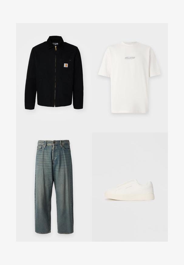 Jaqueta de tela preta com fecho zip, colarinho pontudo e bolsos laterais. Apresenta um pequeno logotipo no bolso do peito. Detalhe de zíper dourado.; Camiseta de algodão branca com gola redonda e mangas curtas, apresentando um pequeno logótipo cinza "HOLLISTER" centrado no peito.; Jeans de ganga azul claro com um corte solto, cintura média e pernas retas. Apresenta cinco bolsos, passadores de cinto e fecho com botão.; Sapatilhas brancas de atacar com uma superfície texturizada, sola grossa e design minimalista. Possui o logo da marca na lateral.