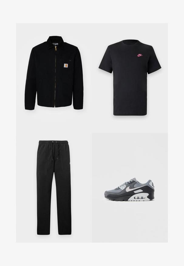 Čierna plátěná bunda so zipsom vpredu, špicatým golierom a bočnými vreckami. Obsahuje malé logo na vrecku na hrudi. Zlatý detail zipsu.; Čierne bavlnené tričko s okrúhlym výstrihom a krátkymi rukávmi. Na hornej ľavej strane je umiestnené ružové logo Nike. Hladká textúra.; Čierne teplákové nohavice vyrobené z flísu, s elastickým pásom a šnúrkami na zaväzovanie, dvoma prednými vreckami a malým logom na stehne.; Šedá teniska s kombináciou sieťoviny a semišu, čiernou podrážkou a viditeľnou vzduchovou jednotkou. Výrazné svetlosivé doplnky a šnúrky.