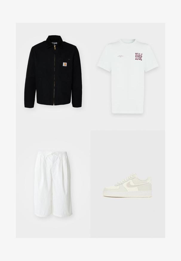 Crna platnena jakna s patentnim zatvaračem, oštrim ovratnikom i bočnim džepovima. Sadrži mali logo na džepu na prsima. Zlatni detalj na patentnom zatvaraču.; Bijela pamučna majica kratkih rukava s crvenim natpisom "NIKE" i grafikom na lijevoj strani prsa. Dizajn s okruglim izrezom i glatkom teksturom.; Bijele kratke hlače s elastičnim pojasom i vezicom, prikazane protiv jednostavne svijetle pozadine. Pogodne za ležerno nošenje ili u toplom vremenu.; Bijele Nike Air Force 1 tenisice s gornjim dijelom od glatke kože, svijetlosivim naglascima, perforacijama na prstu i teksturiranim gumenim potplatom.