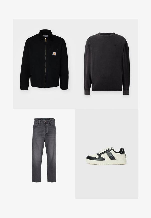 Jaqueta de tela preta com fecho zip, colarinho pontudo e bolsos laterais. Apresenta um pequeno logotipo no bolso do peito. Detalhe de zíper dourado.; Camiseta preta de manga longa feita de algodão, com decote redondo, mangas com punhos e um pequeno logótipo no peito. Textura suave.; Fatos de ganga cinza escuro com um design de perna reta, cintura alta, estilo de cinco bolsos e desbotamento leve. Fecho com botão metálico e zip.; Ténis de couro com um esquema de cores em preto e creme, apresentando detalhes perfurados, um colarinho acolchoado e uma sola texturizada.