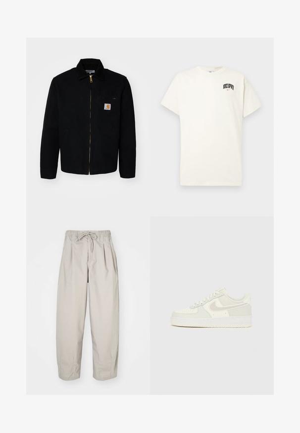 Černá plátěná bunda na zip, s špičatým límcem a postranními kapsami. Obsahuje malé logo na kapse na hrudi. Zlatý zip jako detail.; Kravetově bílý bavlněný tričko s krátkým rukávem, na hrudi s nápisem "NIKE SB" v černém a červeném písmu. Standardní kulatý výstřih.; Béžové, lehké kalhoty s elastickým pasem a šňůrkou na stažení. Mají sklady a volný střih, vyrobené z měkké, hladké látky.; Bílé tenisky Nike Air Force 1 s hladkým koženým svrškem, světle šedými akcenty, perforacemi na špičce a texturovanou gumovou podrážkou.
