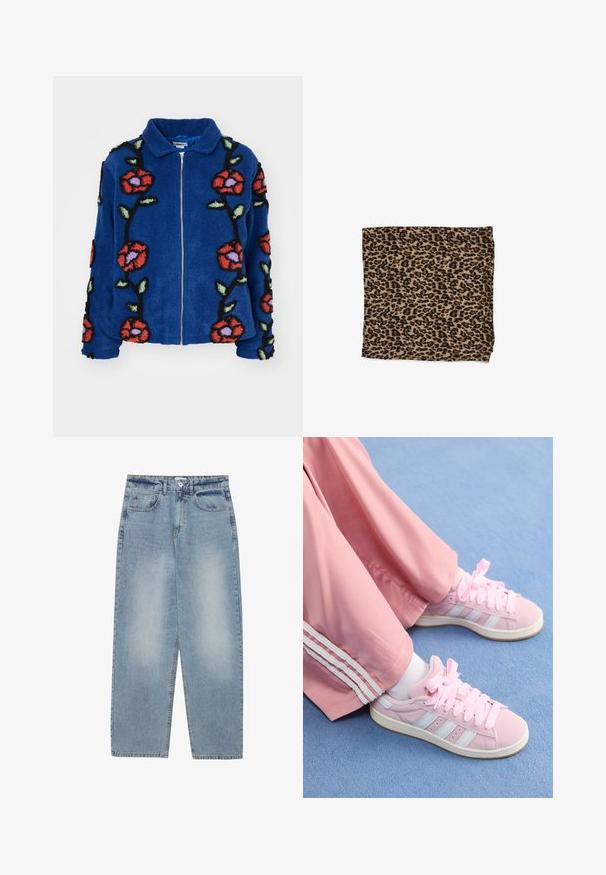 Obey Clothing FIELDS JACKET - Giacca invernale - deep blue multi; Felpa verde con texture a coste, scollo rotondo e maniche lunghe. Presenta un grande testo bianco: "1% MIGLIORE DI IERI." sul davanti.; Jeans in denim azzurro chiaro con vestibilità ampia, design a gamba dritta, cinque tasche e chiusura con bottone in vita. Texture liscia.; Scarpe da ginnastica rosa con strisce azzurro chiaro, punta tonda e spesse lacci rosa, abbinate a pantaloni da jogging rosa con strisce bianche ai lati.; Tessuto con stampa leopardo in beige con macchie nere, dalla texture liscia, di forma rettangolare e piegato con bordi rifiniti.