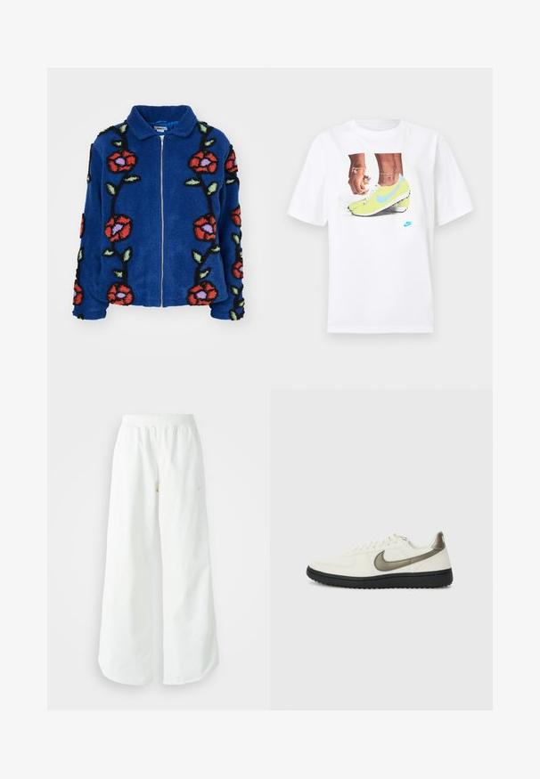 Obey Clothing FIELDS JACKET - Casaco de inverno - deep blue multi; T-shirt branco de algodão com uma gráfica de pés em chuteiras Nike amarelas com detalhes azuis, combinado com uma pulseira no pulso esquerdo.; Calças atléticas largas brancas com uma cintura canelada e um discreto detalhe de logótipo. Tecido suave com um corte relaxado e terminações ajustadas.; Nike Sportswear FIELD GENERAL - Sapatilhas - off-white/black