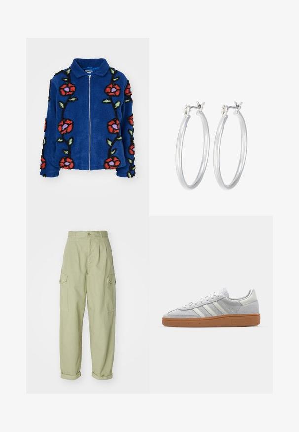 Obey Clothing - Kurtka zimowa; Biała, prążkowana bluzka z długim rękawem i okrągłym dekoltem. Wykonana z elastycznej tkaniny, która dobrze przylega do ciała. Posiada subtelne poziome pasy.; Jasnozielone spodnie cargo wykonane z bawełnianej tkaniny. Charakteryzują się wysokim stanem, podwiniętymi mankietami oraz dwiema bocznymi kieszeniami cargo dla zwiększonej użyteczności.; Jasnoszare zamszowe sneakersy z białymi skórzanymi akcentami, trzema białymi paskami i brązową gumową podeszwą, z wyściełanym kołnierzem dla komfortu.; Srebrne kolczyki w formie kółek o gładkim, polerowanym wykończeniu. O okrągłym kształcie i pewnym zapięciu na klik. Lekka konstrukcja odpowiednia do codziennego noszenia.