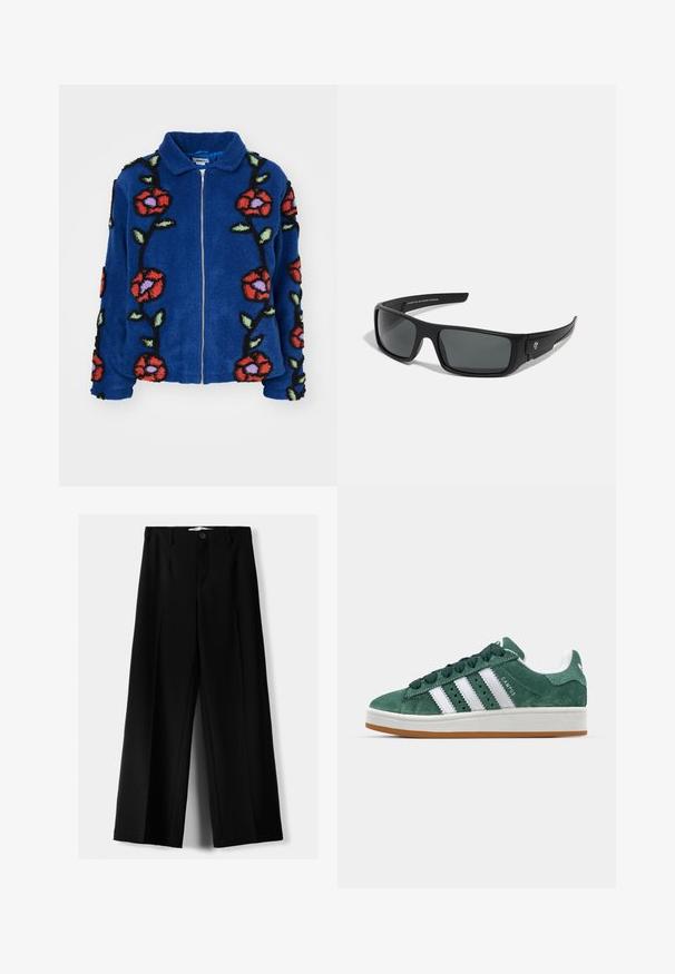 Obey Clothing FIELDS JACKET - Giacca invernale - deep blue multi; Due magliette a maniche lunghe: una nera e una bianca. Entrambe presentano un collo rotondo e una texture liscia e a coste. Etichetta del marchio visibile all'interno del collo.; Pantaloni neri a gamba larga realizzati in tessuto leggero, caratterizzati da una chiusura frontale con bottone e frontale piatto, con orli cuciti con precisione.; Sneaker in suede verde con strisce in pelle bianca, suola in gomma, collarino imbottito e design minimalista. Presenta il marchio sul lato.; Occhiali da sole neri con montatura rettangolare, lenti grigie scure e finitura in plastica liscia. Accento del logo significativo sul lato.; Borsa a spalla in pelle nera intrecciata con una forma morbida e ampio manico. Caratterizzata da un design testurizzato e intrecciato con una finitura liscia.