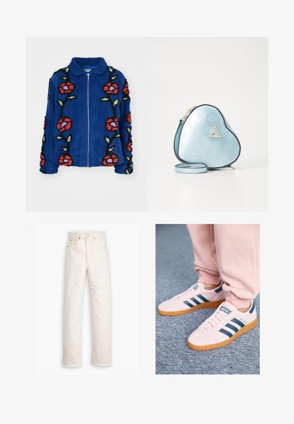 Obey Clothing FIELDS JACKET - Zimní bunda - deep blue multi; Tři tílka v mátové zelené, černé a béžové barvě; vyrobená z žebrované látky s kulatým výstřihem a bez rukávů. Viditelná značková etiketa.; Bílé džíny z denimu se střihovým designem rovné nohy, styl pěti kapes a měděné detaily. Konec nohavic se surovým lemem.; Světle růžové semišové tenisky s tmavě modrými koženými pruhy a gumovou podrážkou. Mezi funkce patří ploché tkaničky a značení na boku a jazyku.; Kabelka ve tvaru srdce ve světle modré embosované textuře, se černým lemem a zlatým logem. Součástí je odnímatelný popruh přes rameno.