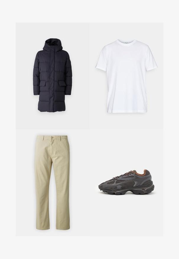 Tumesinine isoleerkott kapuutsiga, horisontaalse õmblusega, kahe esisegamise taskuga ja lukuga. Valmistatud vastupidavast kangast.; Valge puuvillane T-särk lühikeste varrukatega, ümmarguse kaelusega ja mugava lõikega. Omab minimalistlikku disaini, ilma mustrite või aktsentideta.; Beezid puuvillased püksid sirge sääre kujundusega, esitasku nuppude sulgemise ja vööde abil. Sile tekstuur, ilma nähtavate mustrite või aktsentideta.; Tumed hallid Lacoste tossud, mis on valmistatud võrkkangast ja sünteetilisest materjalist, omavad tekstureeritud talla ning pruune aktsente kaeluse ja brändingu juures.