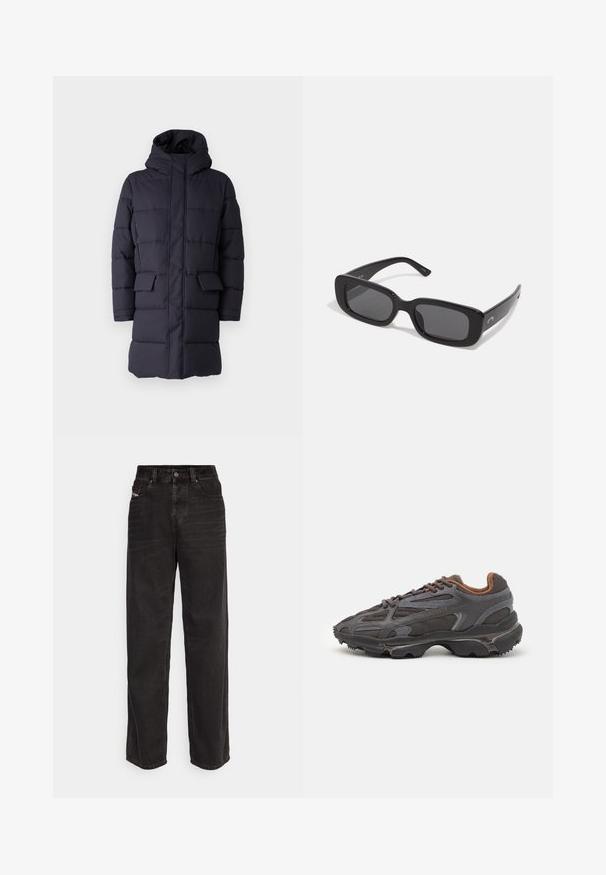 Námornícka prešívaná bunda s kapucňou, s horizontálnym prešívaním, dvoma prednými vreckami a zipsovým uzáverkou. Vyrobená z odolného materiálu.; Čierne tričko s dlhým rukávom vyrobené z bavlny, s okrúhlym výstrihom a malým zeleným vyšívaným logom krokodíla na ľavej hrudi.; Čierne deninové nohavice s širokými nohavicami a vysokým pásom, predným zapínaním na gombík, dvoma bočnými vreckami a jemnými švom.; Lacoste tenisky v tmavo sivej farbe z nylonu a syntetického materiálu, s textúrovanou podrážkou a hnedými akcentami na golieri a brandingu.; Čierne obdĺžnikové slnečné okuliare s tmavými sklami, hladkými plastovými rámami a širokými stranami. Diskrétne logo na boku.