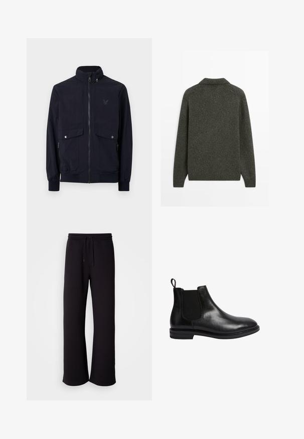 Marine blauwe ritsjack gemaakt van lichtgewicht stof met een hoge kraag, twee voorzakken en geribbelde manchetten. Voorzien van een subtiel logo op de borst.; Donkergrijze wollen trui met lange mouwen en een geribde zoom, weergegeven vanuit de achterkant op een effen witte achtergrond.; Wit, kort mouw T-shirt met een ronde halslijn, gemaakt van katoen. Eenvoudig ontwerp, zonder patronen of accenten, gezien van achteren.; Zwarte joggingbroek van zacht materiaal, met een trekkoord in de taille, een losse pasvorm en een rechte pijp. Minimalistische stijl zonder patronen.; Zwarte leren Chelsea boot met elastische zijpaneel, ronde neus, een trekhaak aan de achterkant en een lage gestapelde hak. Glad, gepolijst oppervlak.
