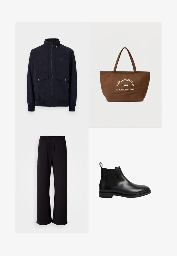 Námořnická zipová bunda vyrobená z lehkého materiálu s vysokým límcem, dvěma předními kapsami a vroubkovanými manžetami. Na hrudi je decentní logo.; Tmavě šedý vlněný svetr s dlouhými rukávy a žebrovaným lemem, zobrazený zezadu na jednoduchém bílém pozadí.; Bílé tričko s krátkými rukávy a kulatým výstřihem, vyrobené z bavlny. Jednoduchý design, bez vzorů nebo ozdůbek, zobrazené zezadu.; Černé tepláky vyrobené z měkkého materiálu, s elastickým pasem na šňůrku, volným střihem a rovnými nohavicemi. Minimalistický styl bez vzorů.; Černý kožený chelsea bot s elastickým bočním panelem, zaoblenou špičkou, poutkem na zadní části a nízkým vrstveným podpatkem. Hladký, lesklý povrch.; Hnědá plátěná taška na rameno se dvěma úchyty, s bílým potiskem textu "KARL LAGERFELD PARIS 21 RUE ST-GUILLAUME." Jednoduchý design a prostorný tvar.