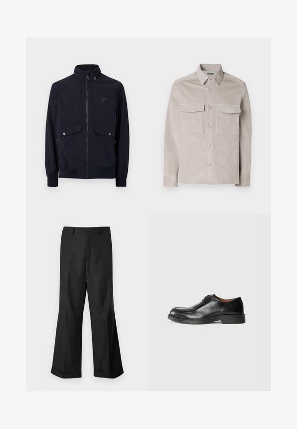 Tumesinine lukuga jakk, mis on valmistatud kergest kangast, kõrge kraega, kahe eesmise taskuga ja soonikuga varrukatega. Ees on diskreetne logo.; Heledbeez värvi volditud särk, millel on nuppe täis eesosa, kaks rinna-taskut ja klassikaline krae. Omab tekstuuriga kangast ja standardseid varruka otsi.; Mustad laiad püksid nupuga vöökoha ja cuffidega hemmed, esitatud lihtsa valge tausta taustal.; Must sõlmiga mustad nahast kontsad, ümarate varvastega, sileda pinna ja madala, tekstuuriga kummitald. Puhtad jooned ja minimalistisch disain.